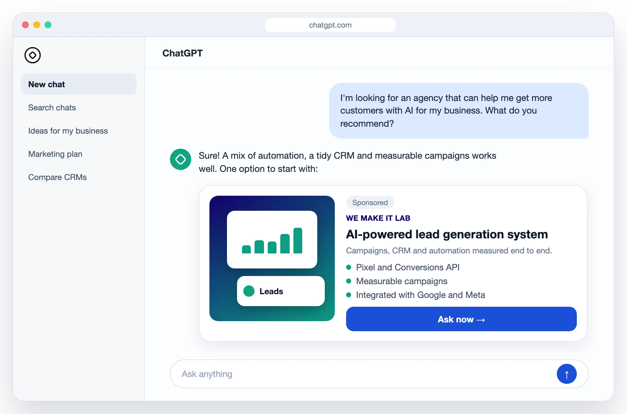 Illustration of how a sponsored ad looks inside ChatGPT, on desktop and on mobile