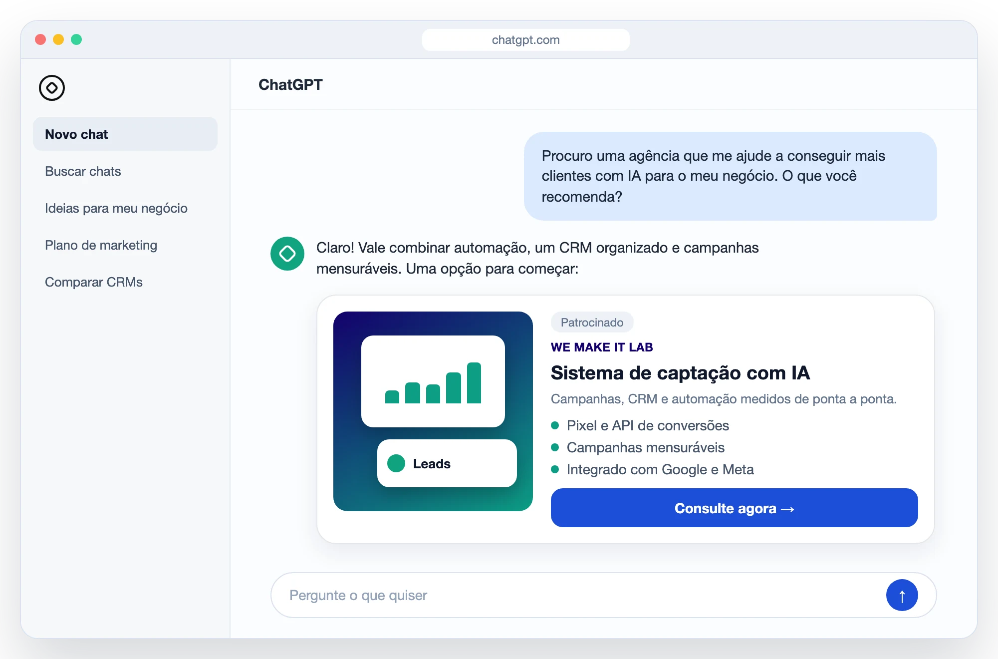 Ilustração de como um anúncio patrocinado aparece dentro do ChatGPT, no computador e no celular